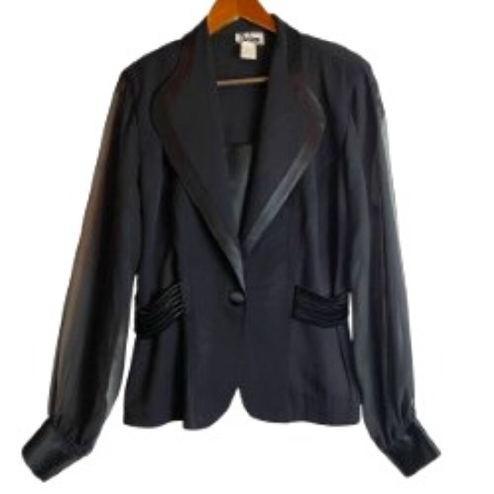 R.J. & CO VTG BLACK JACKET SHEER SLEEVE/REMOVEABLE BIB SATIN DETAILS SIZE 14